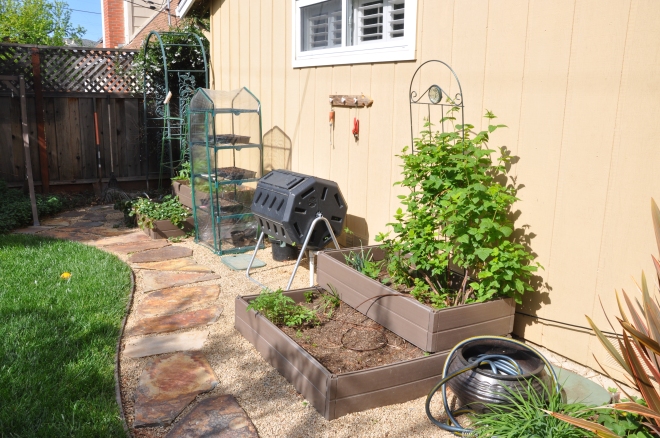 Planter boxes, rotating composter, mini-greenhouse and worm bin