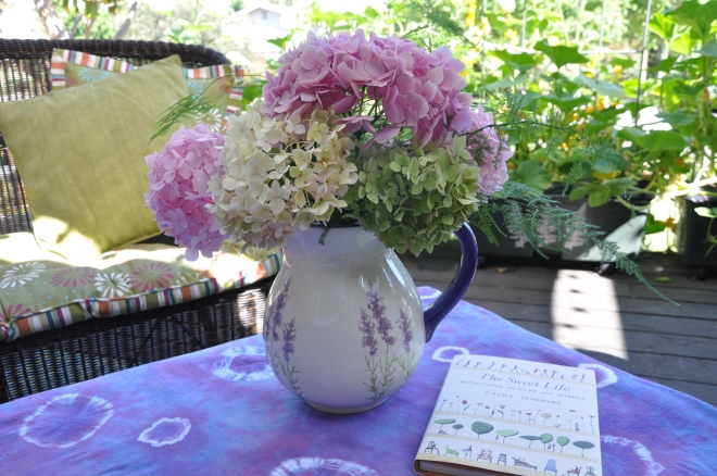 hydrangeas in a vase with book