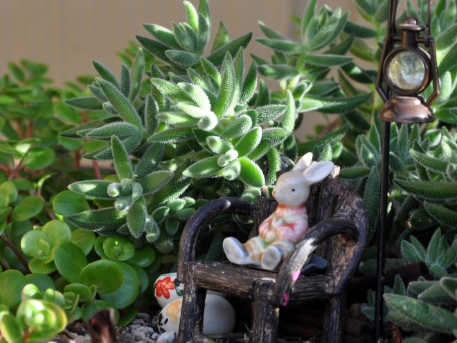 fairy garden with ceramic bunny