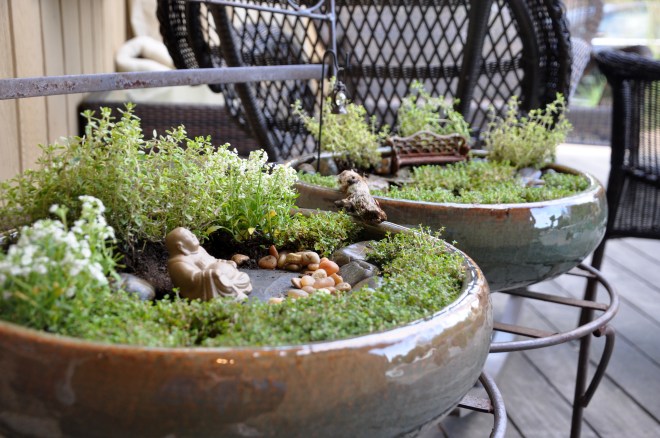 Miniature peace garden at dusk
