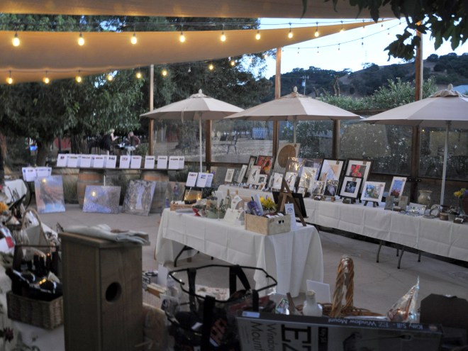 Silent auction items on display at Seeker Vineyard