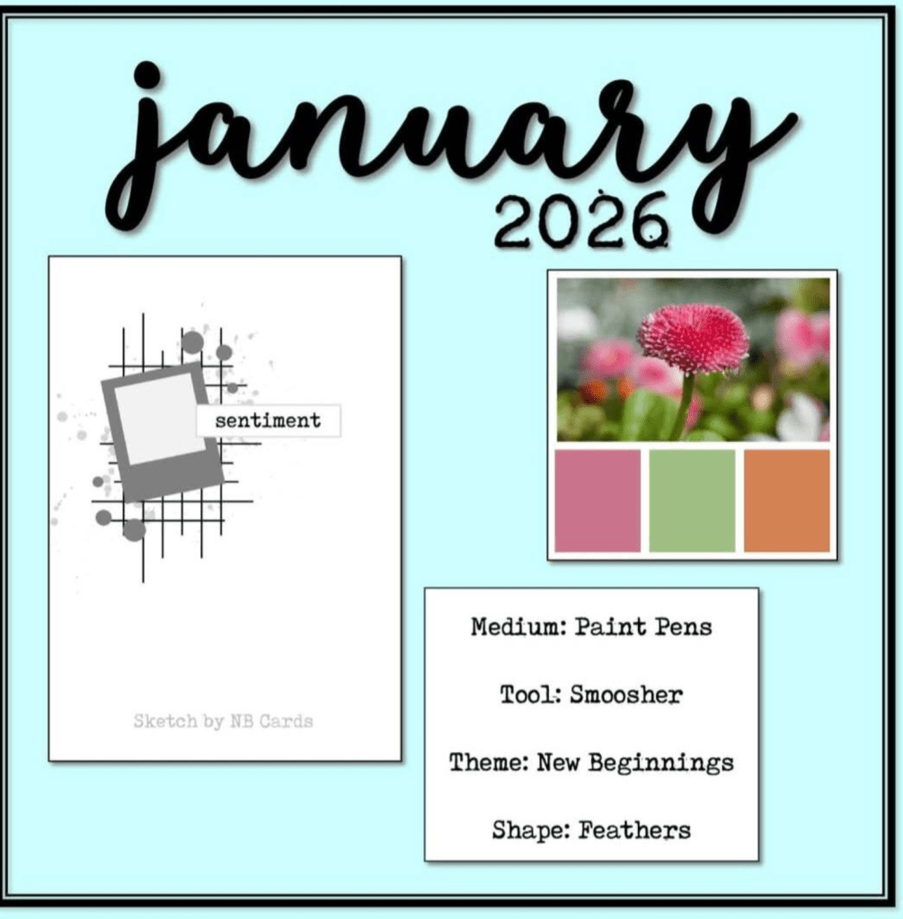 A calendar page for January 2026 featuring a sketch with the word 'sentiment', a photo of a pink flower, and color blocks in green, pink, and orange. Additional details include 'Medium: Paint Pens', 'Tool: Smoosher', 'Theme: New Beginnings', and 'Shape: Feathers'.