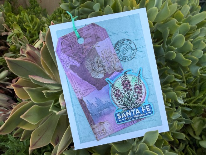 Mixed media card using scraps and a decal from Santa Fe