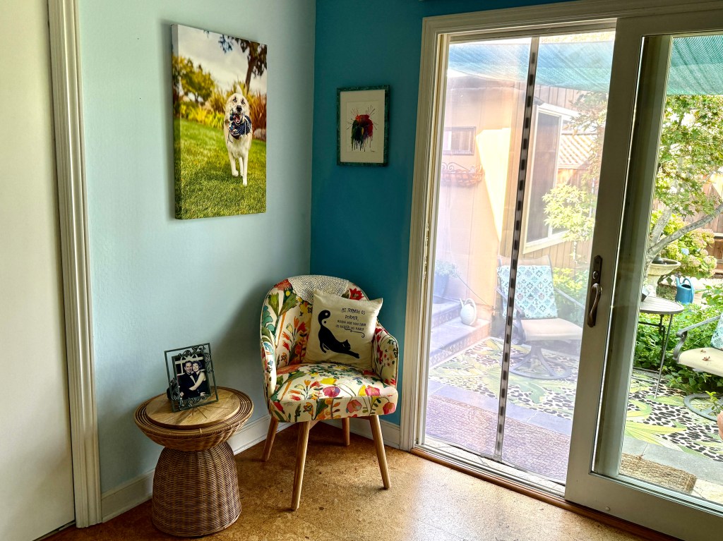 Cozy corner featuring a colorful armchair with floral patterns, a small round table, and a framed photo beside it. The wall is painted blue, and a doorway opens to a garden view with outdoor furniture and greenery. A canvas print of a dog running on grass is displayed on the wall.